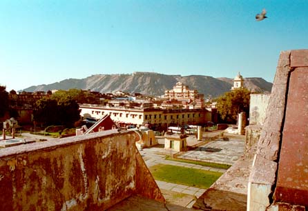 From one of the highest points of the Jantar Mantar observatory. The fortification on the distant hill is Ambar Fort