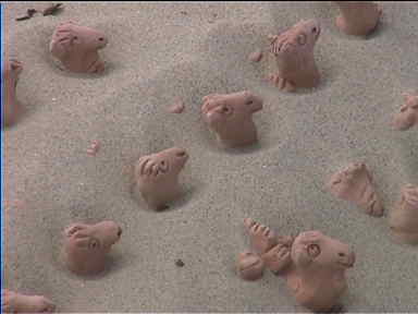 Sinking clay camels at the beach