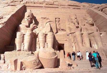 The world-famous Abu Simbel Facade. The whole complex is an artificial hill, constructed when Abu Simbel was lifted to save it from the waters of the Aswan Dam. The hill itself is hollow with a lot of concrete and tour guides usually take you for the interesting look inside 