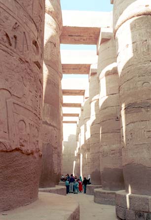 The enormous columns at Karnak. A little of the colour which originally decorated them can still be seen