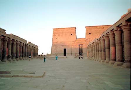 Philae temple, which is on an island and can only be reached by boat. It was saved to higher ground before the Aswan Dam's higher water level could drown it
