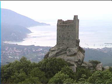 A watchpost on a craggy rock overlooking the bay of Marina di Campo