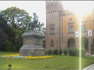 Statue of Verdi outside Busetto Opera constructed in his honour. Although he did pay for the construction of one box, he never visited the building, deeming it a waste of money