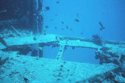 A view from the deck of the Thistlegorm into the blue outside