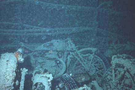 Inside the hold of the Thistlegorm you can dive over loads of war material. Here are some motorbikes