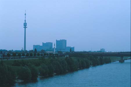Early morning shot of the Donauturm and UN buildings