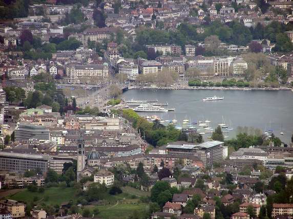 A view onto the lakefront of Zurich. Enge church is at lower left. Uto bridge at left center, leading to Bellevue