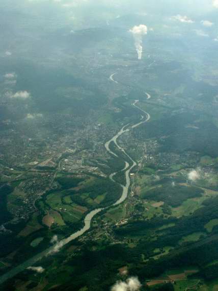 Meandering river with an atomic power plant