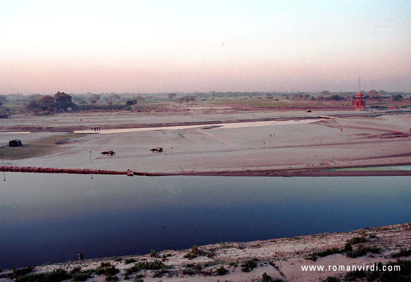 View across the river from the back of the Taj Mahal. You can see some remnants of the Black Taj, which mogul emperor Shah Jehan is said to have been wanting to build for himself before he was imprisoned by his son, Aurangzeb