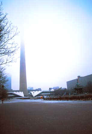 The top of the TV tower has disappeared in the winter mist