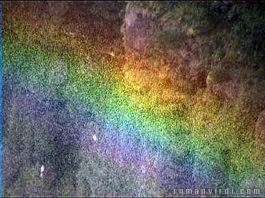 The rainbow at Cachoeira da Fumaça caused by water spray, up close