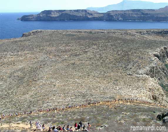 Long Antline of boat passengers leading up to Gramvousa Fort