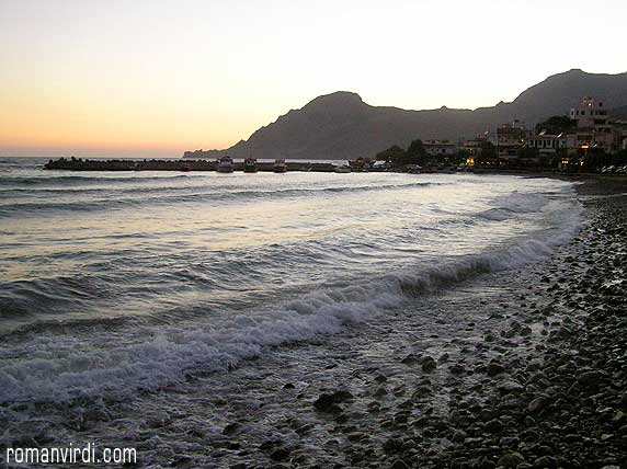 Plakias Beach at Dusk. A bit further east the beach turns wonderfully sandy