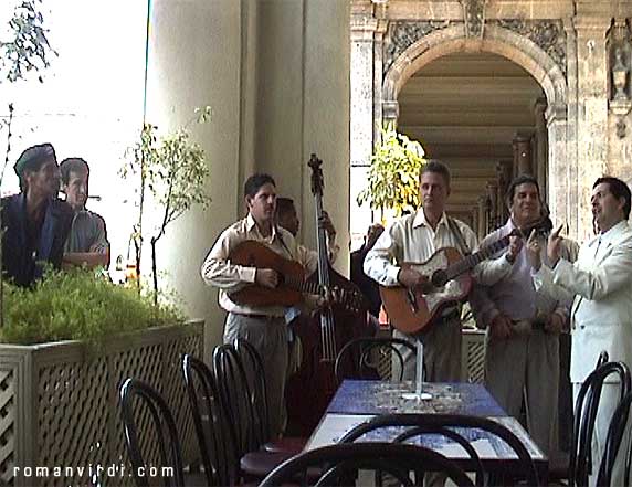 Combo playing in Hotel Inglaterra porch to Cuban onlookers
