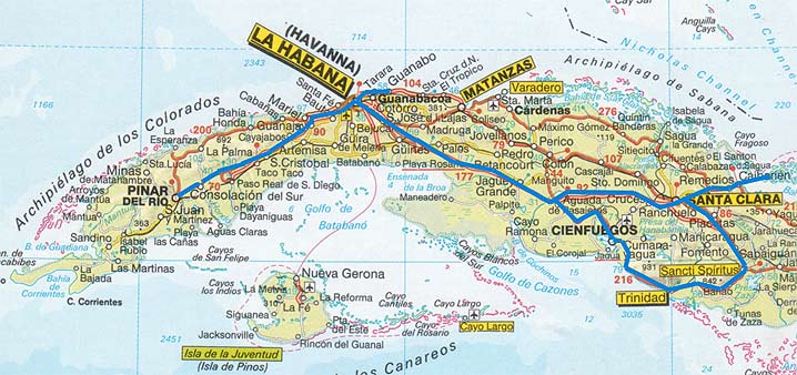 Map of Cuba with our travel route (you can click on the map)