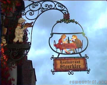 Eguisheim restaurant sign. It proved to be rather difficult to get just a drink during meal hours in Eguisheim..