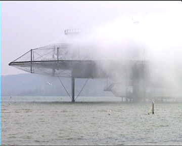 The signature structure of Yverdon, the artificial cloud or "blur". It was possible to walk onto it and to the viewing platform right at the top (partly visible)