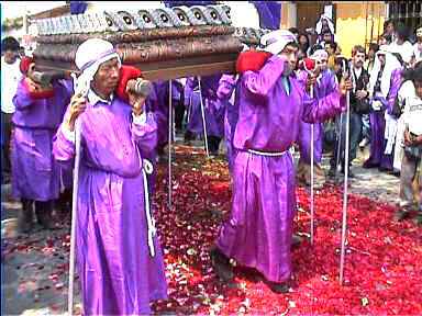Purple robes everywhere. Santa Semana (Easter) procession in Antigua