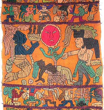 Maya healing ritual embroidered on cloth