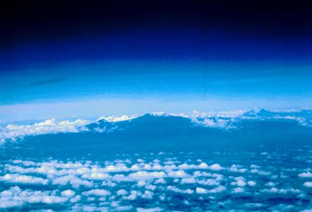 Snow-capped Kilimanjaro, the tallest mountain in Africa and the largest volcano in the world, on the flight from Mombasa to Nairobi