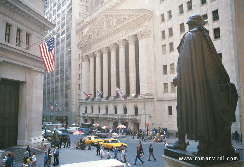 Wall street, the neo-Greek building is the New York Stock Exchange