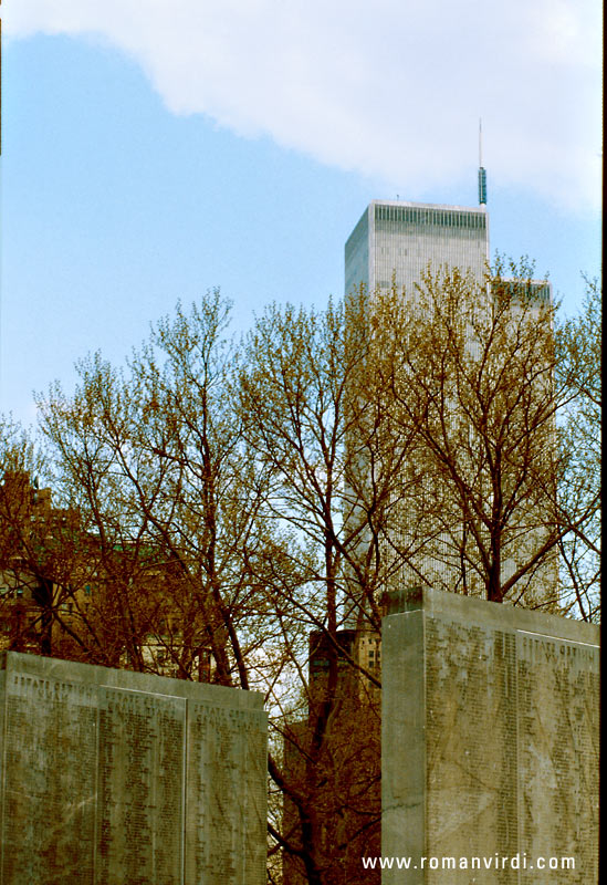 War Memorial in foreground and the twin towers of the WTC in background