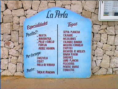 The menu at Javea restaurant