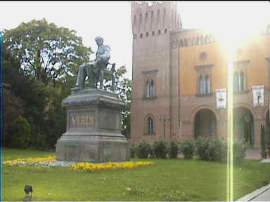Statue of Verdi outside Busetto Opera constructed in his honour. Although he did pay for the construction of one box, he never visited the building, deeming it a waste of money