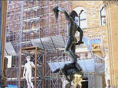 To one side of Palazzo Vecchio is a hall with numerous herioc statues. A copy of Michelangelo's David is to the left (the original is in the Galleria dell'Academia)