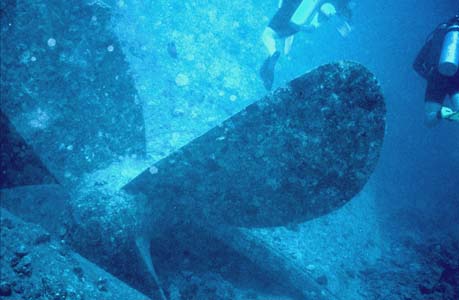The huge screw of the Thistlegorm. The ship was 126m long and lies on sand at about 30m
