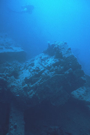 Overturned World War II Tank fallen from the Thistlegorm wreck