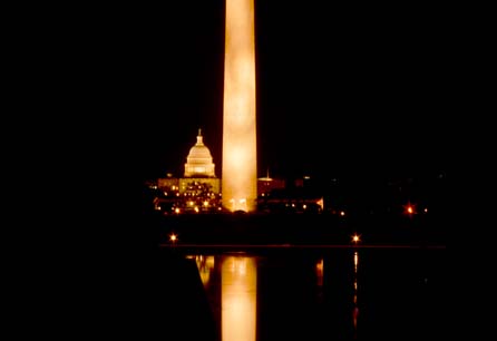 The Obelisk and the Capitol at night viewed from the Lincoln Memorial